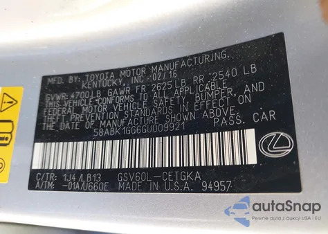 2016 Lexus Es из США, поврежденный, VIN 58ABK1GG6GU009921